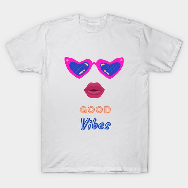 Good Vibes positive wave. Pink Sunglasses and girly Red Lips T-Shirt by AliensRich